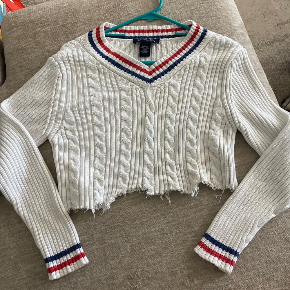 Denim&Co White Sweater with Red and Blue Stripes